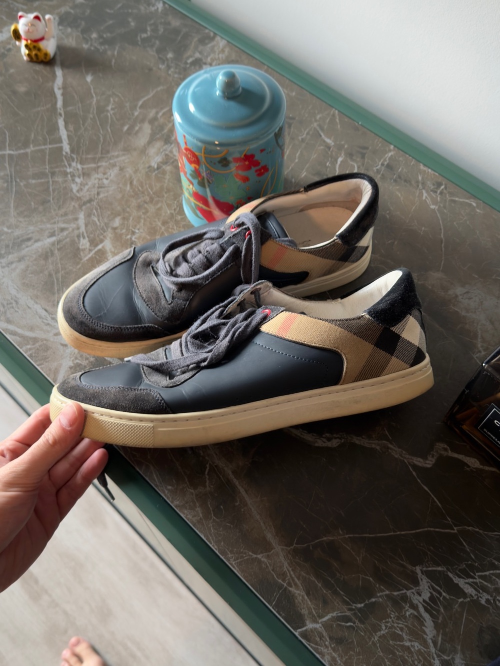 Burberry Black and Tan Plaid Low-Top Sneakers